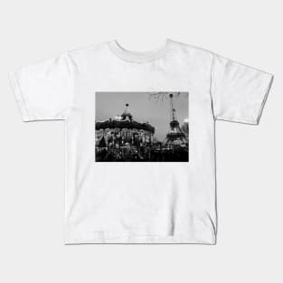 Black and White Eiffel Tower Photography, Carousel, Paris, France Kids T-Shirt